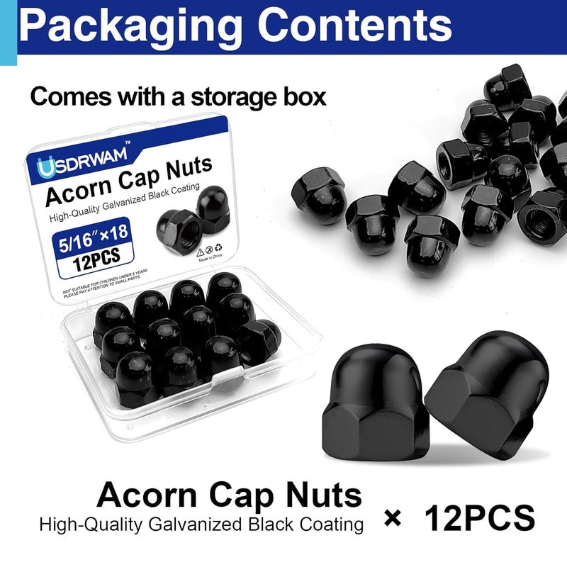 Usdrwam 12Pcs 5/16"-18 Acorn Cap Nuts, Zinc Plating-Black Hex Head Acorn Cap Nuts, Stainless Steel 18-8 (304) Hexagon Dome for Indoor Outdoor - Image 3